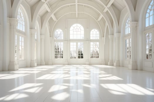 Empty luxury scenes, light walls and white floors, light and bright white styles. Generative AI.