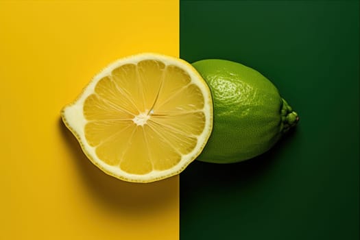 Poster of a lemon cut-off,half yellow,half green. Generative AI.