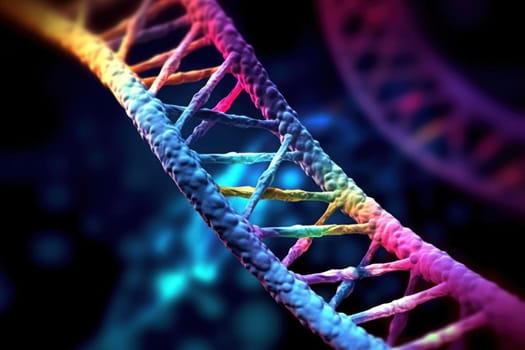 Close up view of a dna double helix, concept of disorder or genetic mutation. Generative AI.