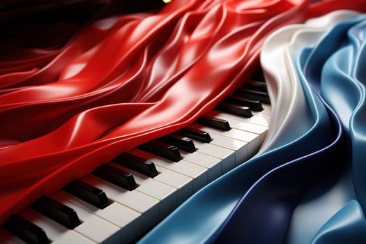 Modern piano keys horizontally lining one side and aura of red white and blue. Generative AI.