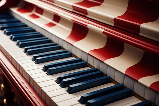 Modern piano keys horizontally lining one side and aura of red white and blue. Generative AI.