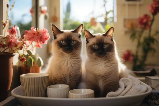 Siamese cats, bathroom surroundings. Generative AI.