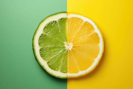 Poster of a lemon cut-off,half yellow,half green. Generative AI.