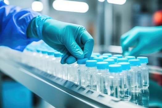 Pharmaceutical machine working pharmaceutical glass bottles production line. Generative AI.