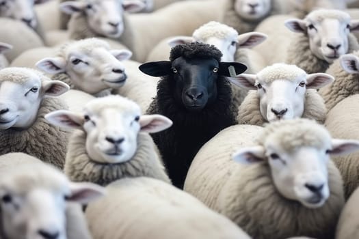 One black sheep in a flock of white sheep. Generative AI.