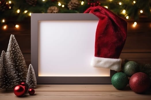 Framed letter board surrounded by a santa hat and christmas on a table. Generative AI.