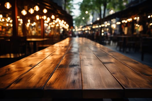 Wooden table top with blur background of coffee cafe. Generative AI.