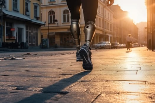 Physically disabled athlete running with prosthetic legs. Generative AI.