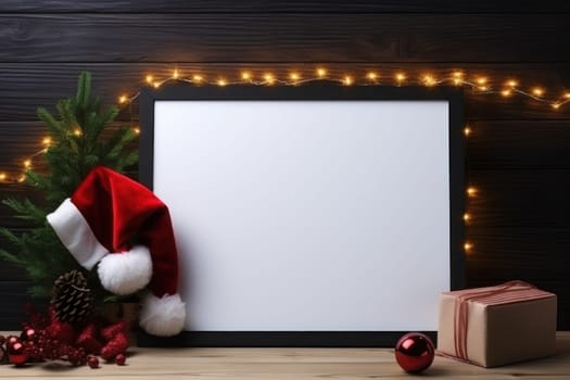 Framed letter board surrounded by a santa hat and christmas on a table. Generative AI.