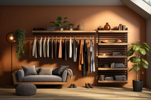 Room in the style of elegant clothing, light brown, collecting and modes of display. Generative AI.