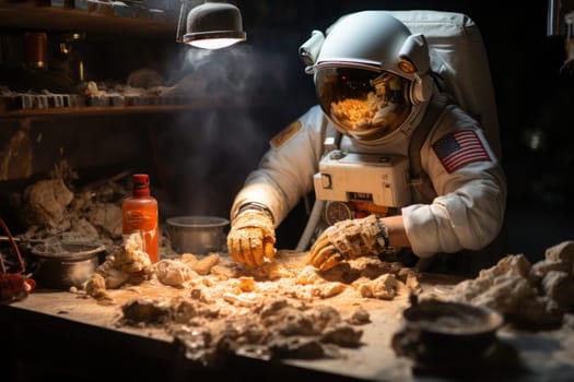 Astronaut cooking beef burger on moon. Generative AI.