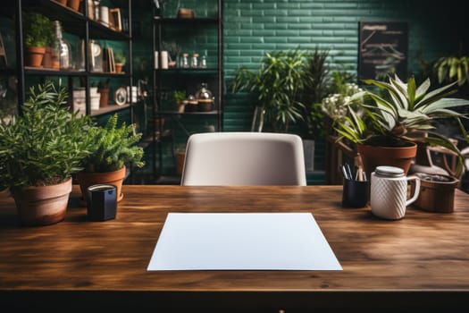 An office desktop a stack of A4 white paper, a pen, a cup of coffee. Generative AI.