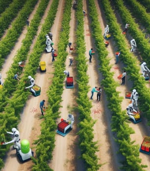 robot working in the farm vegetable garden to grow produce for human consumption ai generated