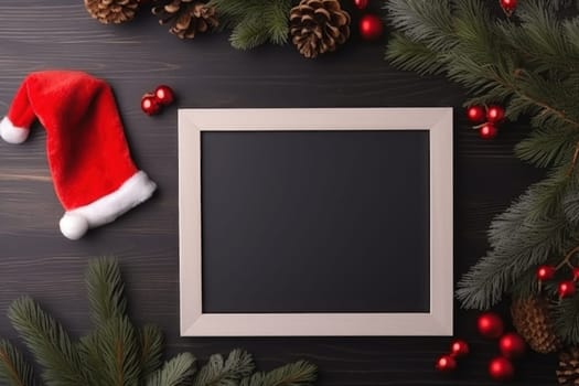 Framed letter board surrounded by a santa hat and christmas on a table. Generative AI.