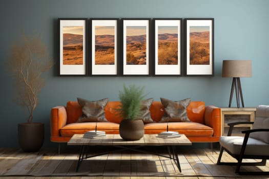 Maximalist style interior design room wall mockup with three artworks in a row,.