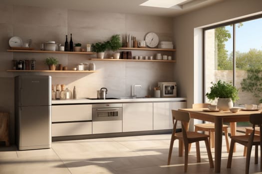 Small modern kitchen set with open shelves, portable stove, refrigerator, sink. Generative AI.