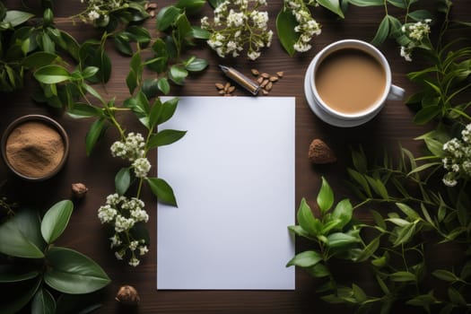 An office desktop a stack of A4 white paper, a pen, a cup of coffee. Generative AI.
