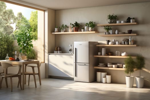 Small modern kitchen set with open shelves, portable stove, refrigerator, sink. Generative AI.