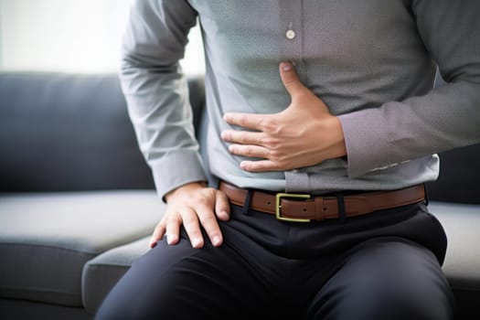 Hispanic man with a stomach problem. Generative AI.