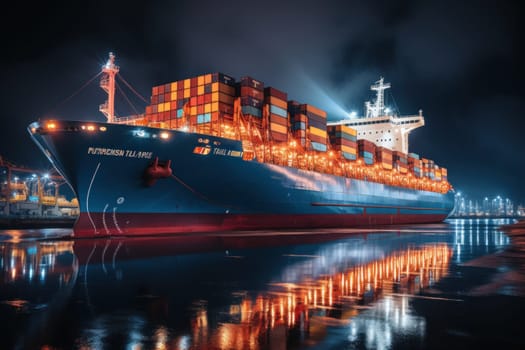 Cargo ship full of containers in the middle of the sea. Generative AI.
