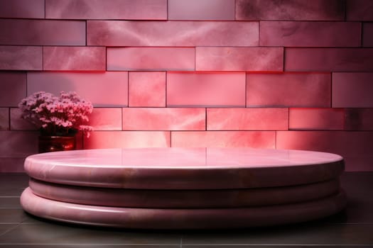 Pink wall podium surrounded by luxury stones, the style of minimalist stage designs. Generative AI.