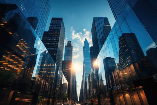 Photograph of urban corporate skyscrapers shot from below towards a blue sky. Generative AI.