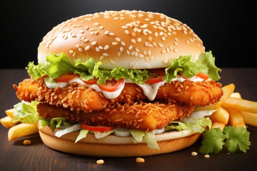 Fish burger with tomatoes, cheese slices and fresh lettuce. Generative AI.