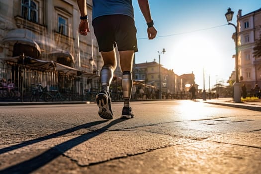 Physically disabled athlete running with prosthetic legs. Generative AI.