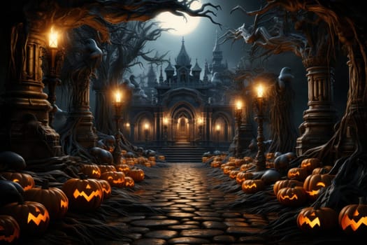 Halloween poster, scary pumpkin and house, with fantastic background, Generative AI.