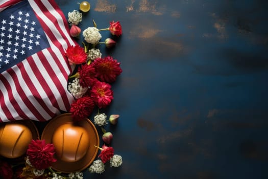 USA labor day celebration with american flag on blue background. Generative AI.