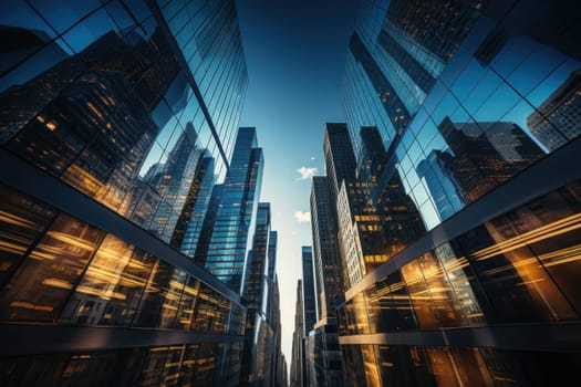Photograph of urban corporate skyscrapers shot from below towards a blue sky. Generative AI.