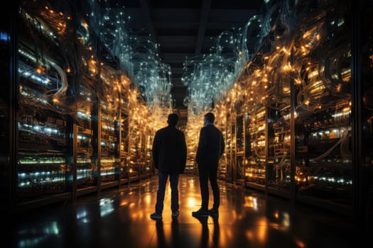 Businessmen having a discussion in a modern data center, surrounded by servers. Generative AI.