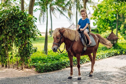 Blond boy riding horse in hotel park on the beach. Sunny summer day happy childhood.