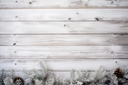 Christmas background wallpaper rustic white wood surrounded by Christmas decorations. Generative AI.