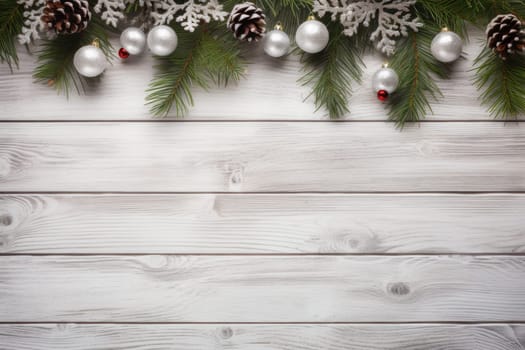Christmas background wallpaper rustic white wood surrounded by Christmas decorations. Generative AI.