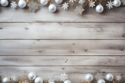Christmas background wallpaper rustic white wood surrounded by Christmas decorations. Generative AI.