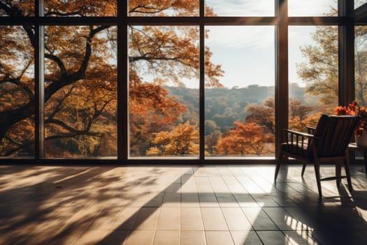 Living room inside a forest apartment big glass windows.
