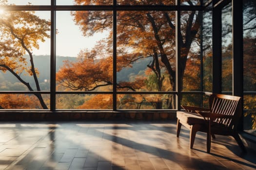 Living room inside a forest apartment big glass windows.