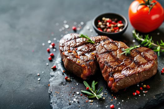 grilled beef steak for valentines day pragma in black background