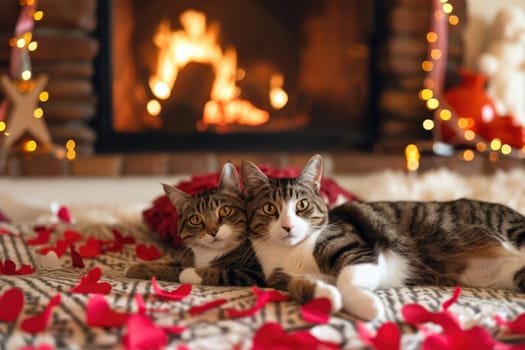 A couple of happy kittens cats together in a cozy room. Kittens loving each other. Adorable cat hugs for Valentine's Day. pragma