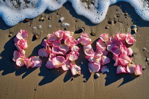 romantic beach of love rose petals on the coastline wide view pragma