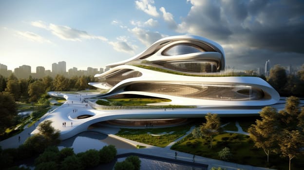 Futuristic sustainable complex office building for green economy and sustainability comeliness