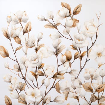 Floral Spring Blossom on White Background: Magnolia Garden Branches Blooming with Beauty.