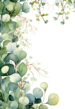 Green Botanical Watercolor Frame with Eucalyptus Leaf and Floral Illustration: Summer Garden Invitation
