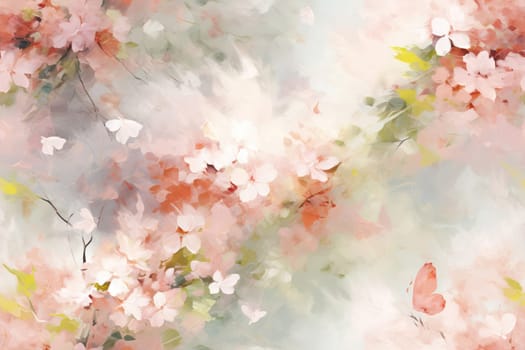 Abstract Watercolor Floral Painting: A Vibrant Blossom Bouquet on a Soft Pastel Pink and Blue Grunge Background.