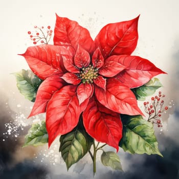 Festive Floral Delight: Red Poinsettia Blossom, a Symbol of Christmas Celebration, Painted with Watercolors on a Vintage Hand-drawn Illustration, Blooming Beautifully on a Green Leafy Branch, Creating a Bright Botanical Pattern, Perfect for Holiday Greeting Cards and Gifts.