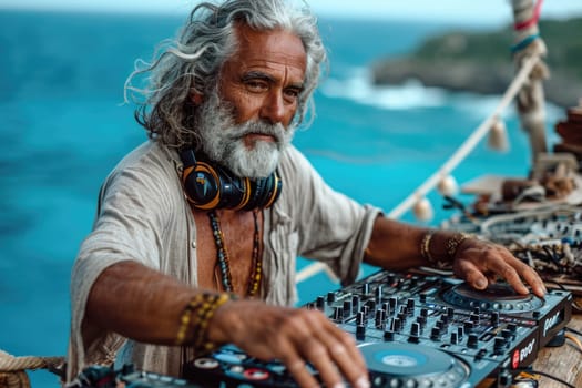 Musical performance of a grey-haired DJ against the background of a seascape
