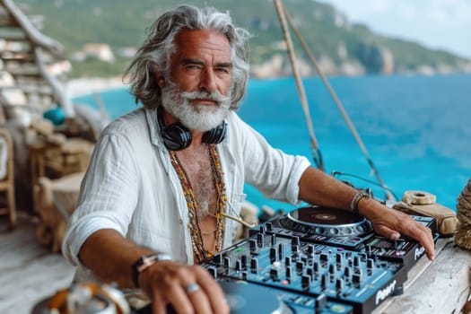 Musical performance of a grey-haired DJ against the background of a seascape