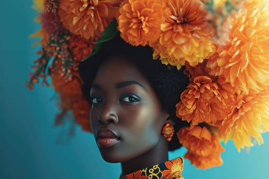 Portrait of African American Woman: Beautiful Turban of Lush Yellow Flowers.
