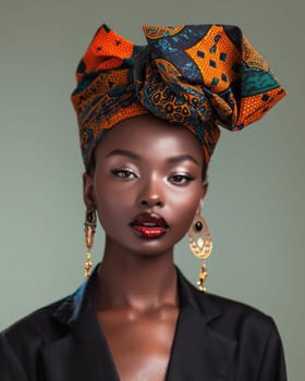 Graceful portrait of stylish african american woman in amazing african turban